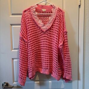 POL Pink Crochet/Knit Sweater Lace V Neck